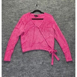 Broadway Sweater Womens XL Pink Fuzzy Faux Wrap Tie Pullover Soft Crop Cozy Top